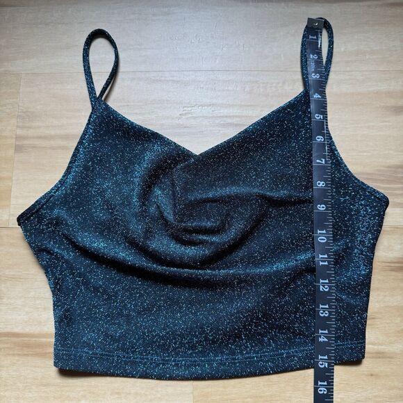 Women's Draped Cowl Neck Cropped Tank Top Blue Glitter Metallic Micro Cami M - Picture 7 of 9